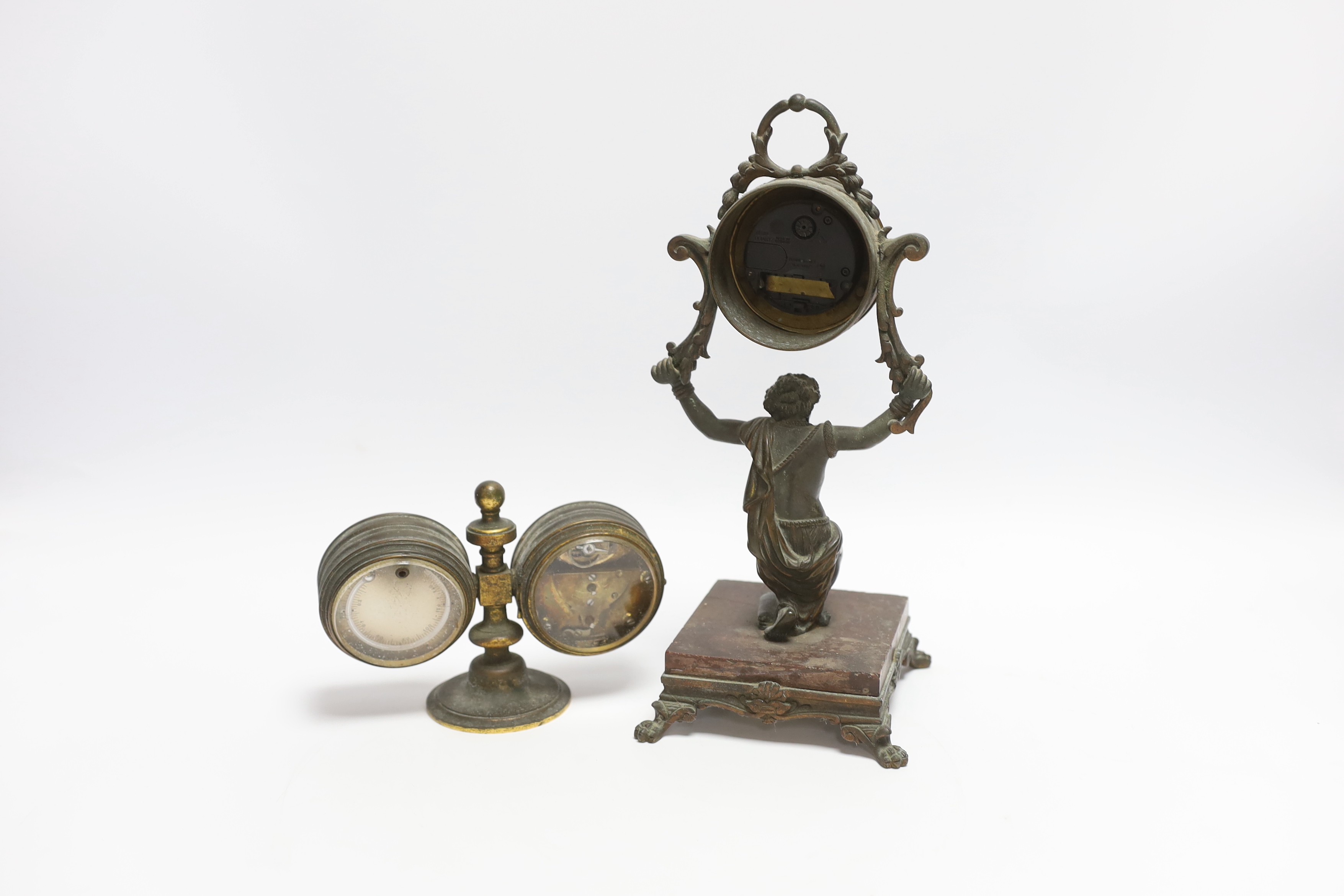 A Victorian gilt brass desk clock/barometer and a figural timepiece, 26cm
